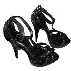 NWOT Material Girl Black Glitter Strappy 5” Stiletto Heels  | Size 5.5